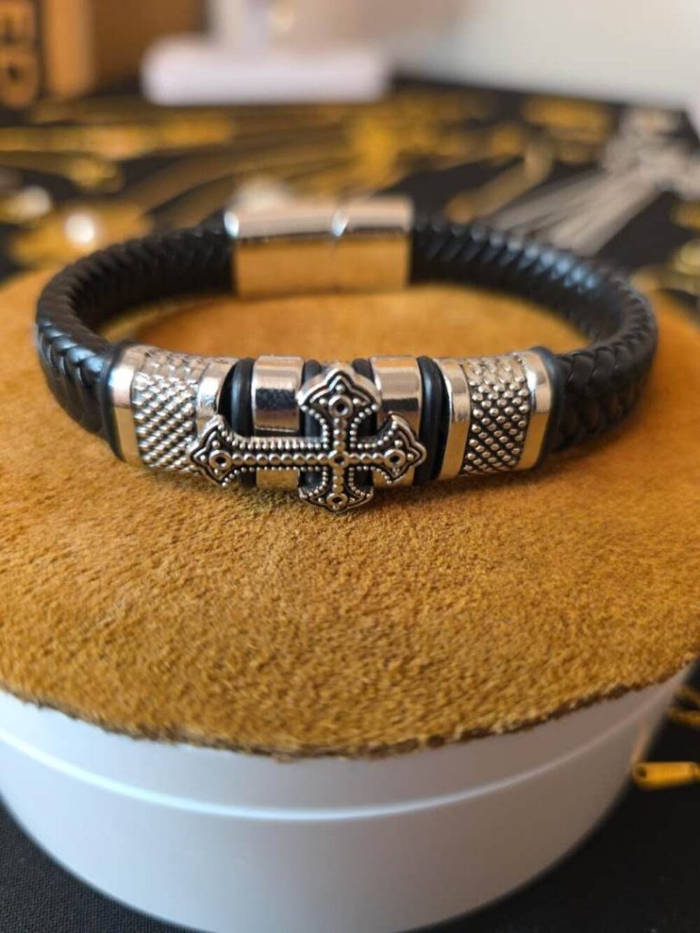 Men's Black Braided Bracelet, Silver Tone Cross Design, Gothic Style